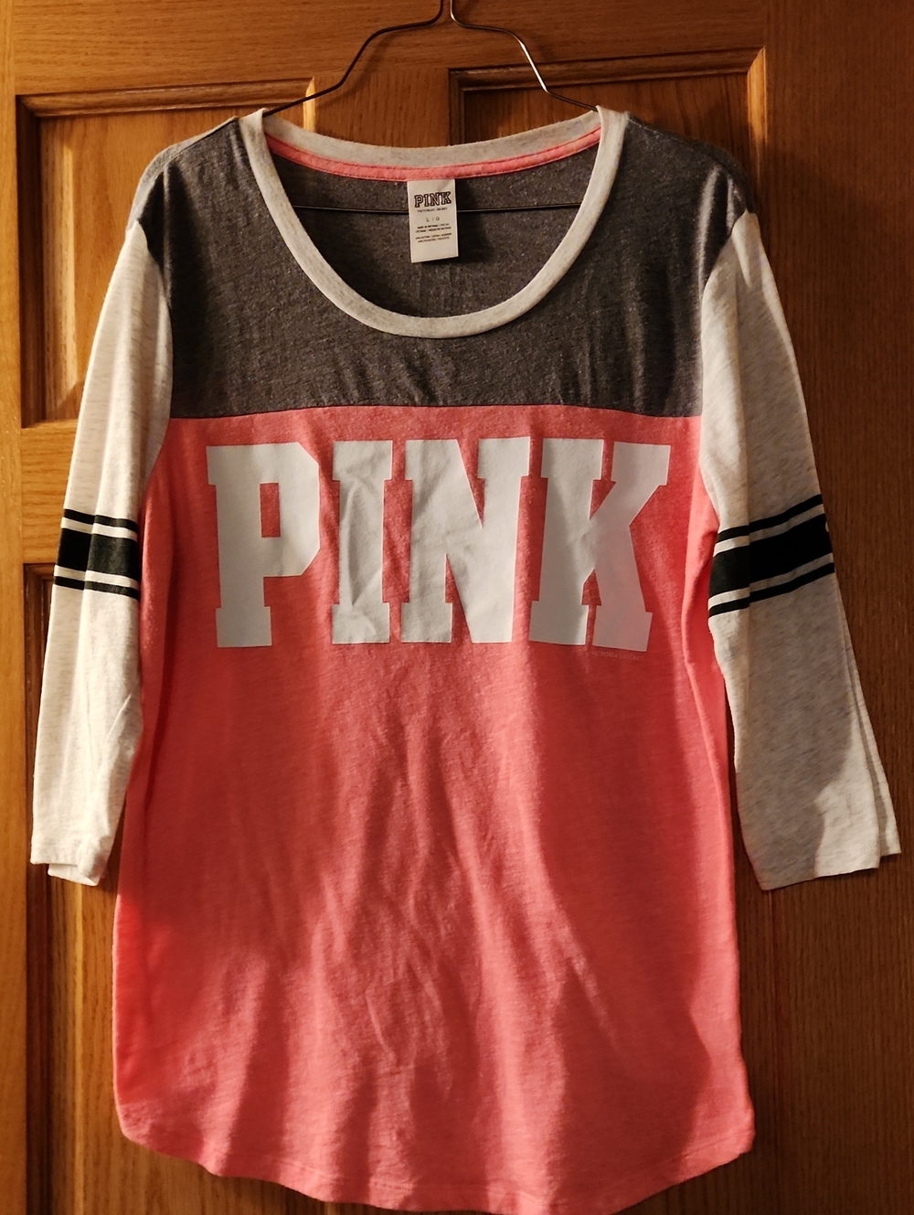 PINK Victoria's Secret Pink and Gray Colorblock 3/4 Sleeve Tee
